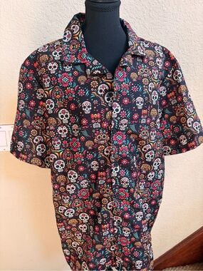 Black Floral Sugar Skull Casual Button-Down Shirt